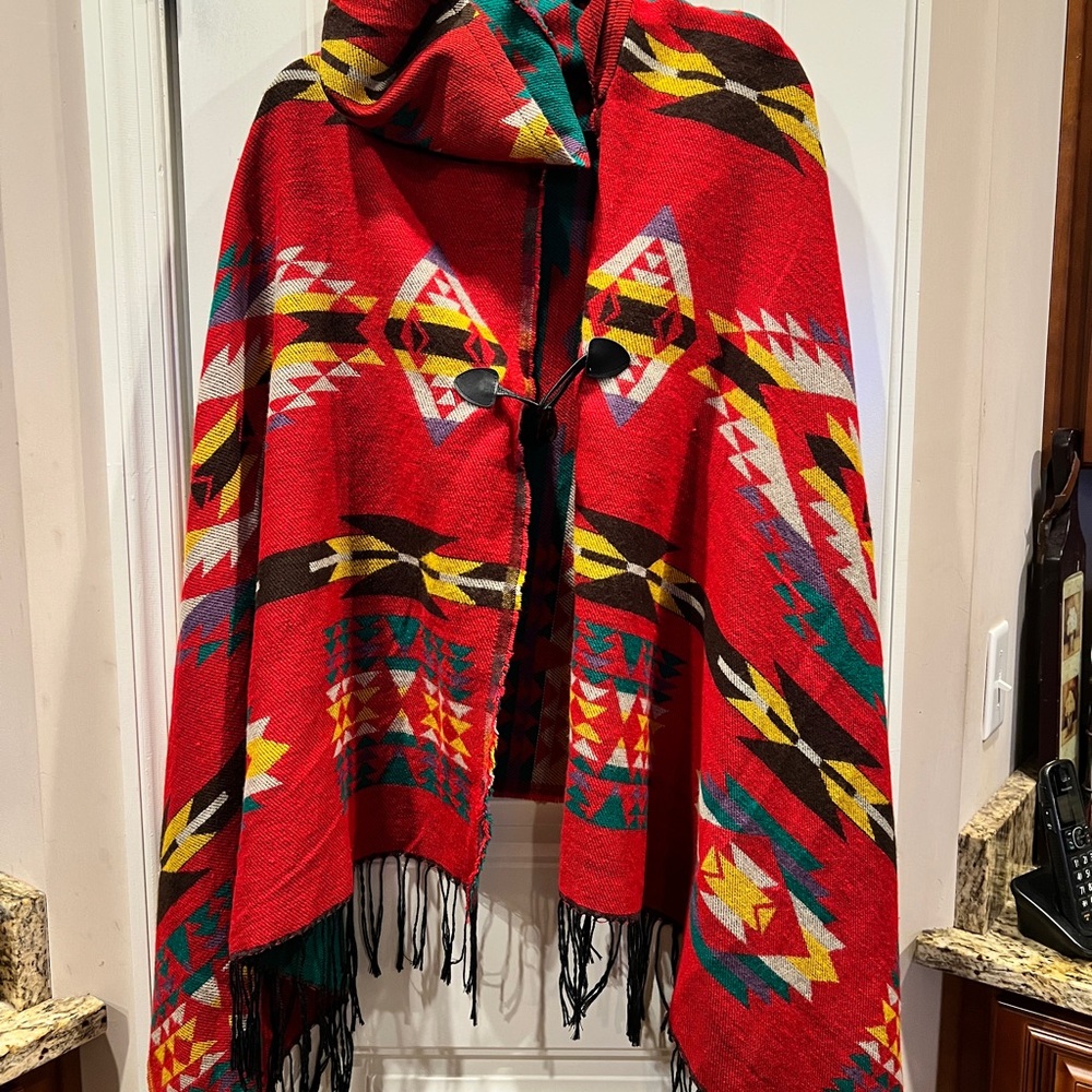 Native American Patterned Red Multivolored Hooded… - image 1
